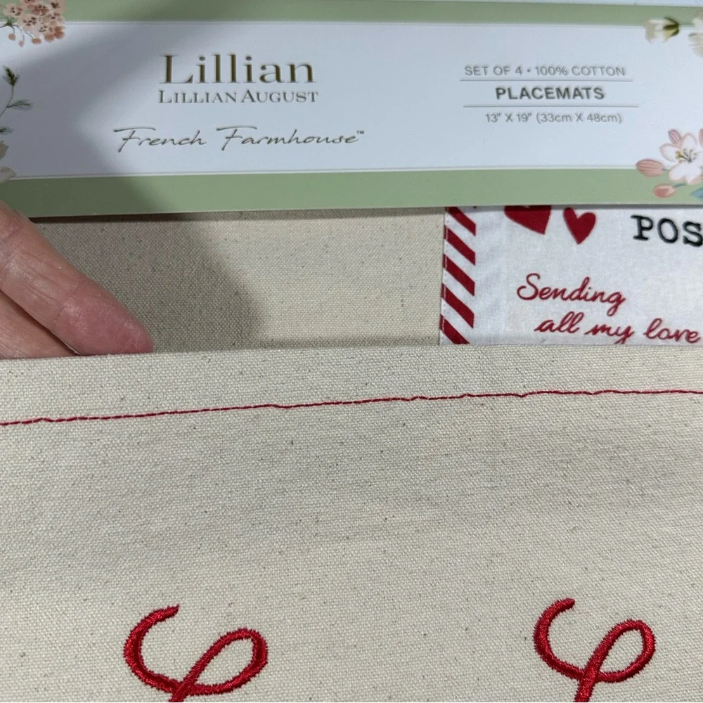 NEW Lillian August LOVE LETTERS Cotton Placemats with Pocket Set/4